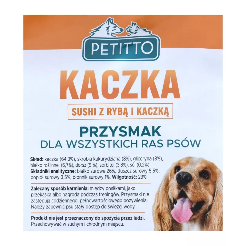 Šunų skanėstai PETITTO Sushi su žuvimi ir antiena 500 g — minkšti hipoalerginiai dresavimo skanėstai, baltymai 26%, drėgmė 23%