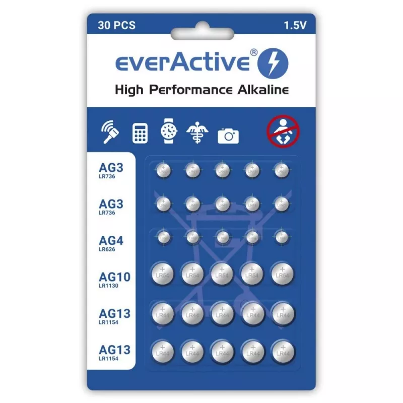Šarminės baterijos everActive AGMIX30BL 1,5 V — pakuotėje 30 vnt., sagos/monetos formos elementai