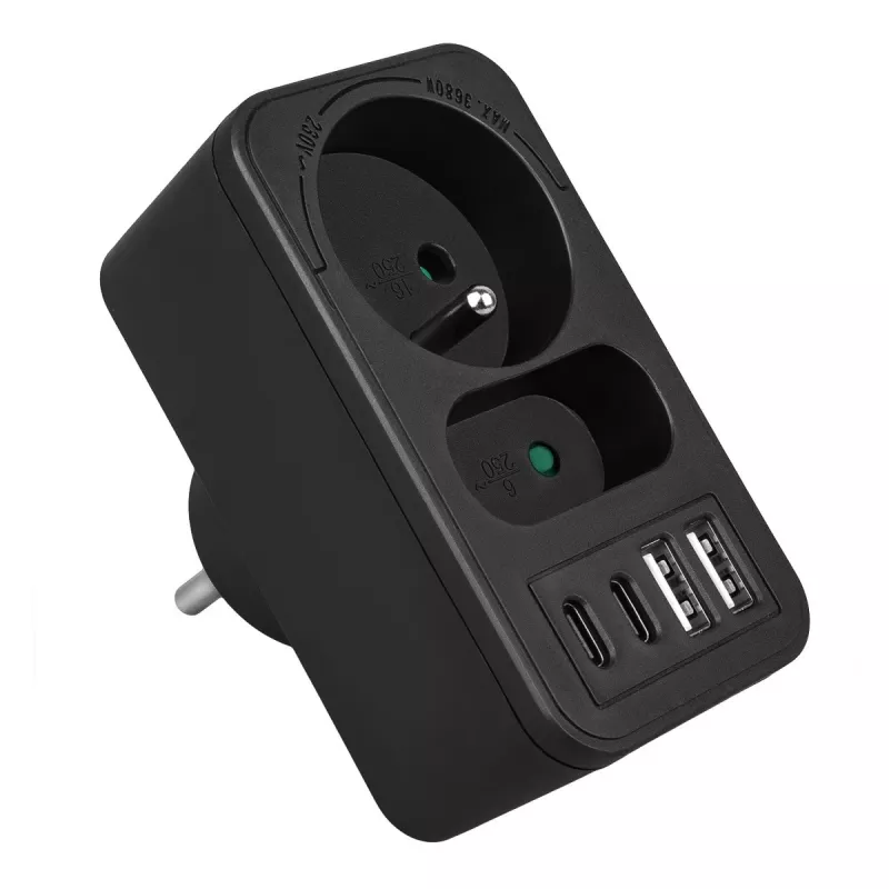 Maitinimo skirstytuvas MACLEAN MCE249 F/B — 2 kintamosios srovės lizdai (16A + 6A) su 2×USB-A ir 2×USB-C PD 20W, EU kištukas, juodas