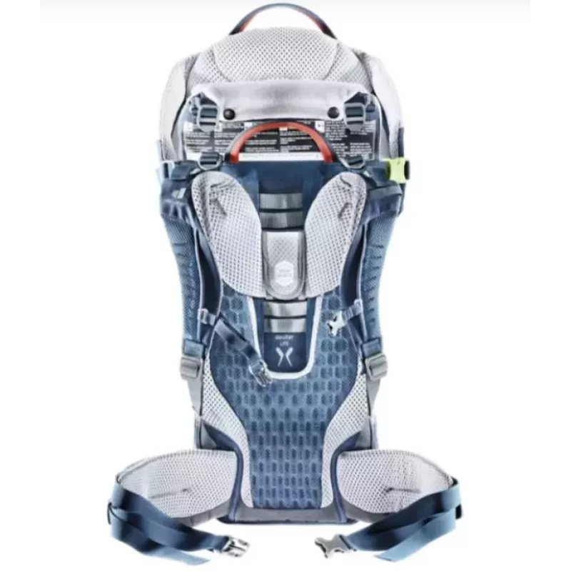 Vaikiška nešynė kuprinė DEUTER Kid Comfort Active — mėlyna, poliamidas, iki 22 kg, skėtis nuo saulės, kojų atrama, VariQuick, Lite Air