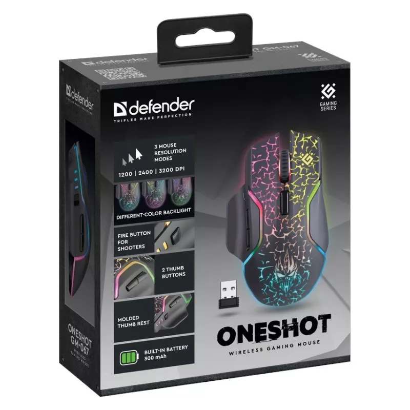 Defender Oneshot GM-067 pelė, žaidimų, dešiniarankė, belaidė RF+USB Type