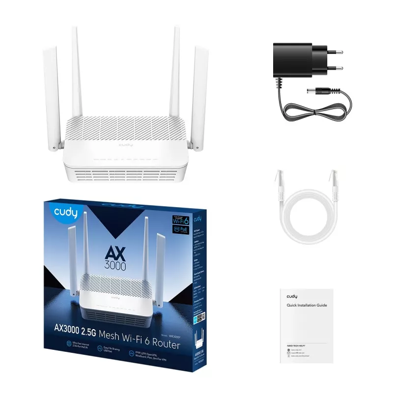 Cudy WR3000P stacionarus belaidis maršrutizatorius „Wi‑Fi 6“ dviejų dažnių 2,4/5 GHz, 2,5 Gigabit Ethernet, 3 LAN prievadai, baltas