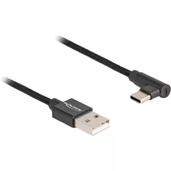 USB 2.0 laidas, USB-A kištukas > USB-C kištukas (juodas, 1 metras, apsiaustas, 90° kampinis)