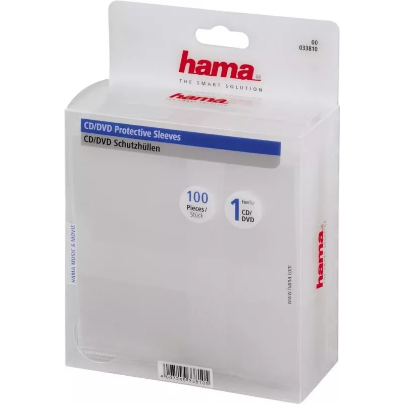Hama CD/DVD apsauginės įmautės, pakuotėje 100 vnt. 100 diskų Skaidrios