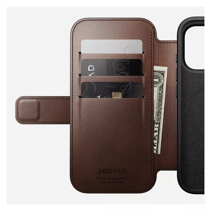 Mobiliojo telefono dėklas Nomad Modern Leather Folio, skirtas iPhone 17 Pro, oda/aliuminis, 16 cm (6,3 colio) rudas, 4 kortelių skyreliai