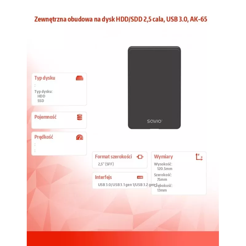 HDD/SSD korpusas SAVIO AK-65 Juodas 2,5 colio SATA USB 3.0 5 Gbit/s Micro-USB