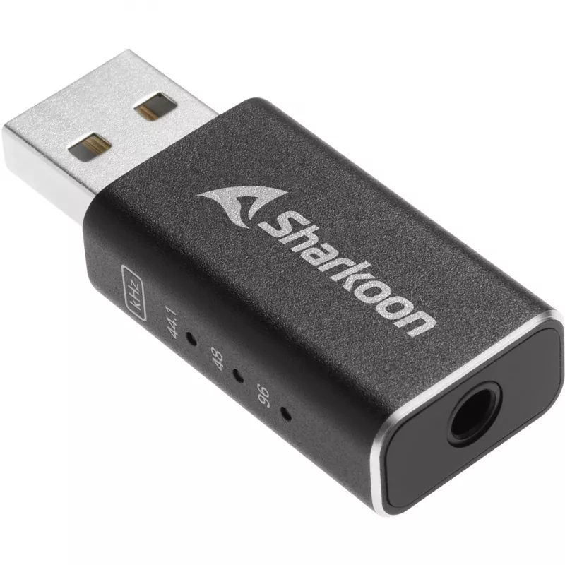 Vidinė USB Type-A į 3,5 mm DAC adapteris Sharkoon DAC Pro S — 2 V išvestis, juoda, kompaktiškas (42×17,3×9,7 mm)