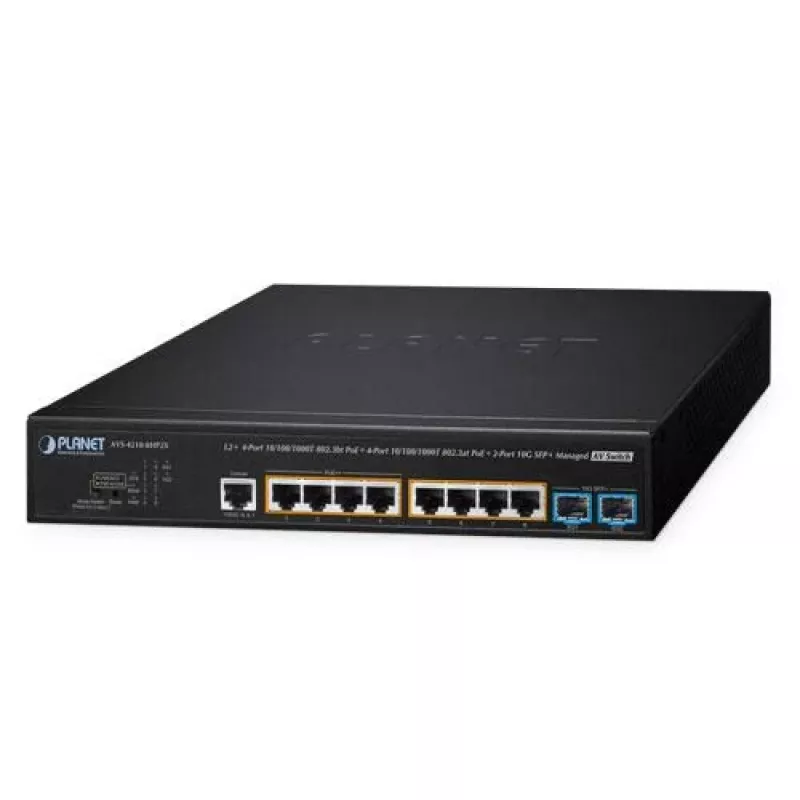 Valdomas L2+ PoE komutatorius PLANET AVS-4210-8HP2X — 4× Gigabit 802.3bt + 4× Gigabit 802.3at + 2× 10G SFP+