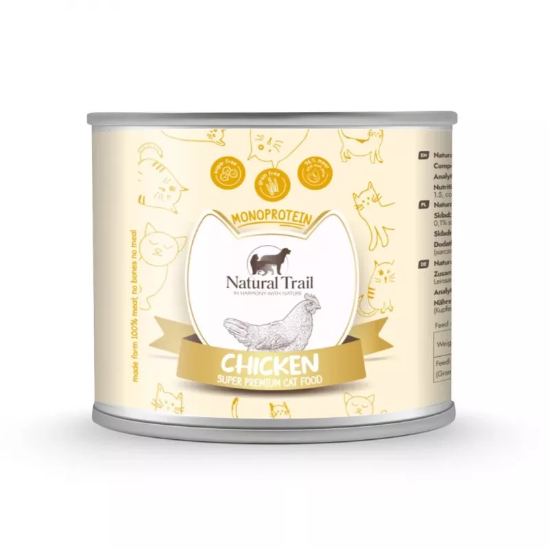 Šlapias kačių maistas Natural Trail Monoprotein su vištiena 185 g — vieno baltymo receptas suaugusioms katėms