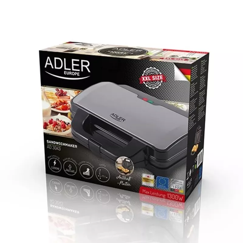 Sumuštinių keptuvė Adler AD 3043, 1300 W, nelimpančios plokštės, 2 sumuštiniams, 285×152 mm kepimo paviršius, juoda
