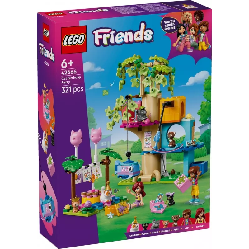 Konstruktorius LEGO Friends 42666 Katės gimtadienio medžių namelis, 321 vnt., 6+ m., 180×160×100 mm