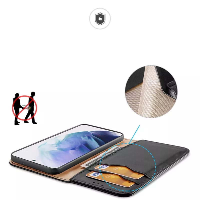 Dux Ducis Dux Ducis Hivo odinis dėklas su atvartu natūralios odos piniginė kortelėms ir dokumentams Samsung Galaxy S22+ (S22 Plus) juoda