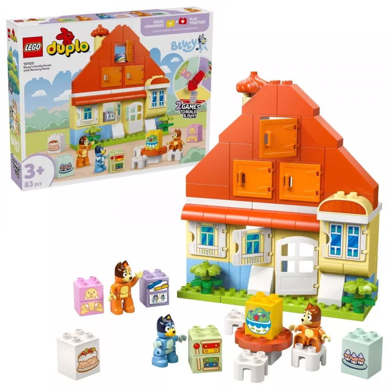 Statybinis žaislas LEGO Bluey Šeimos namas su atminties žaidimu 10459 — 83 dalys, 3 minifigūrėlės, amžius 3+