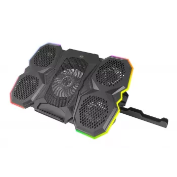 Nešiojamojo kompiuterio aušinimo padėklas ESPERANZA EGC107 — 3 ventiliatoriai 1200–2600 RPM, 390×255×38 mm, USB PD, RGB, 5 aukščio pozicijos, juodas