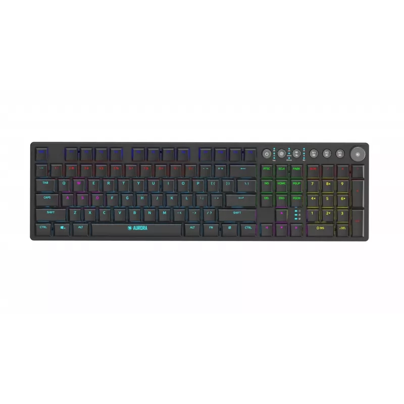 Klaviatūra IBOX AURORA K-6 — pilno dydžio QWERTY, RF belaidė + Bluetooth, RGB apšvietimas, mechaniniai žemo profilio klavišai, juoda