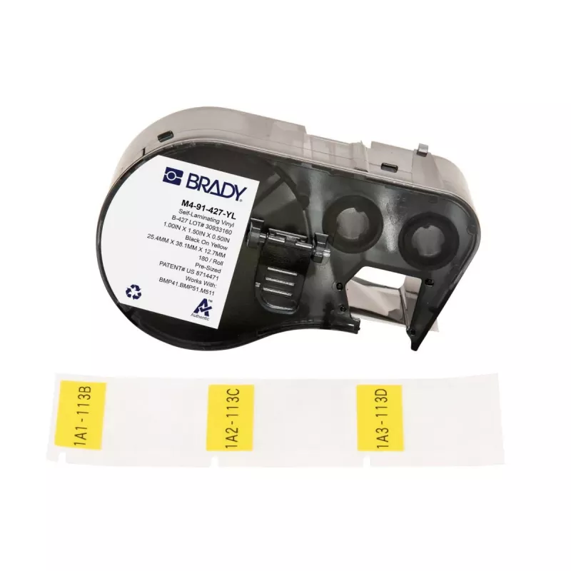 Brady, M4-91-427-YL, savaime laminuojantis vinilas, geltonas/permatomas, 25.40 x 12.70(38.10) mm, nuolatinis, kabelio skersmeniui nuo 4.00 iki 8.10 mm (180 vnt.) (170746)