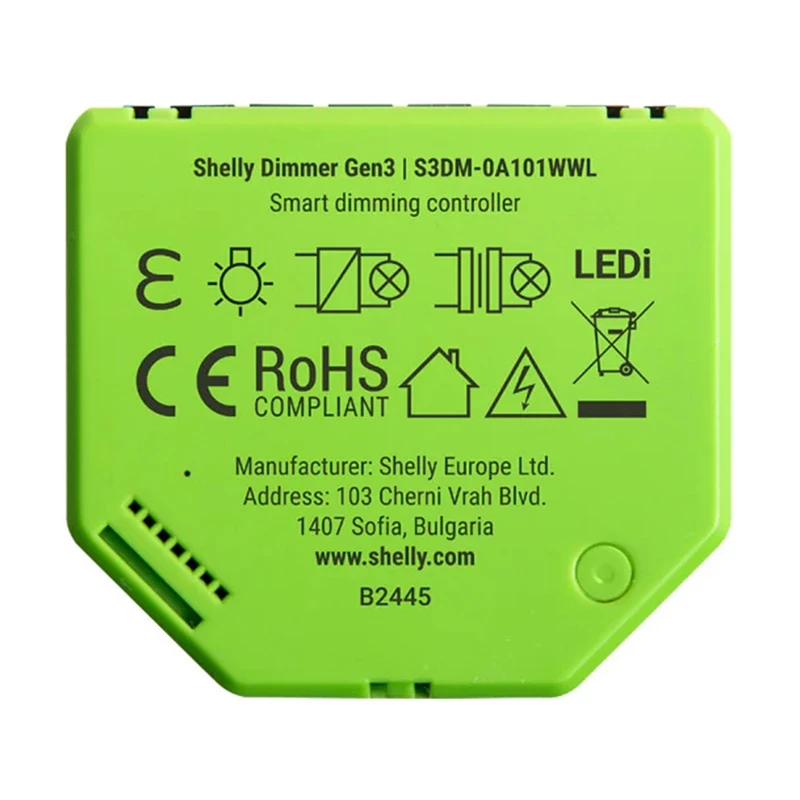 Įmontuojamas reguliatorius Shelly Dimmer Gen3 — LED maks. 150W, halogenas maks. 200W, 220–240V, belaidis, juoda / žalsvai geltona