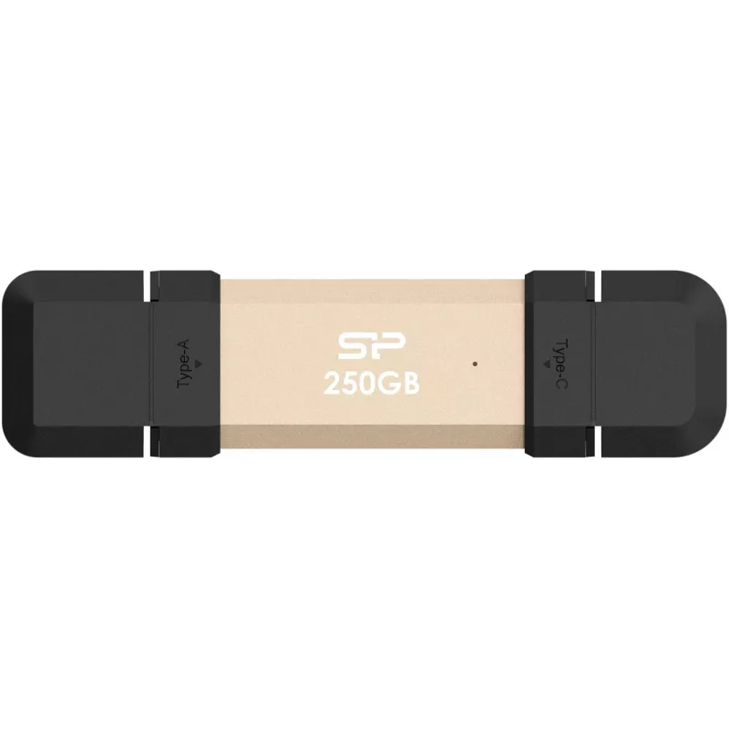 USB flash drive Silicon Power DS72 250 GB, USB 3.2 Gen 2 Type-A / Type-C, aliuminis/guminis dangtelis, auksinė