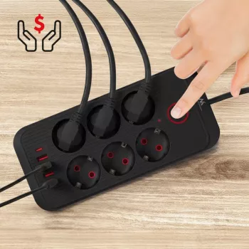 Maitinimo lizdų blokas MACLEAN MCE389 B — 6 lizdai, 4×USB-A + 1×USB-C, 110–240V, 2.1A, 2500W, 1.5 m laidas, juodas