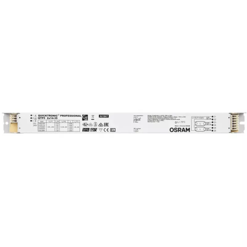 Balastas/LED tvarkyklė Osram QTP5 2X14…35, eksploatavimo trukmė 100000 val., įėjimas 198–264 V, 50/60 Hz, 24 A, -20–50 °C, 30×360×21 mm