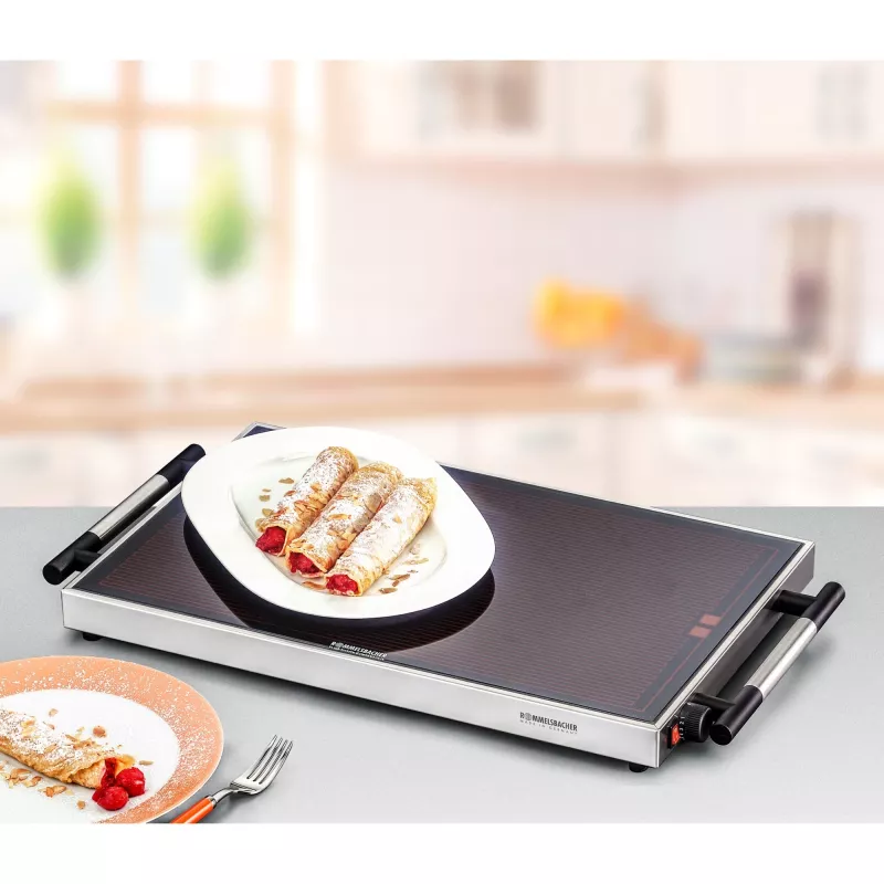 Maisto šildytuvas Rommelsbacher WPR 305/E — 300 W, 230 V, nerūdijantis plienas, stiklo korpusas, 640×345×50 mm