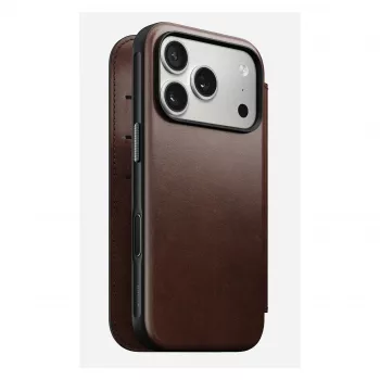 Mobiliojo telefono dėklas Nomad Modern Leather Folio, skirtas iPhone 17 Pro, oda/aliuminis, 16 cm (6,3 colio) rudas, 4 kortelių skyreliai