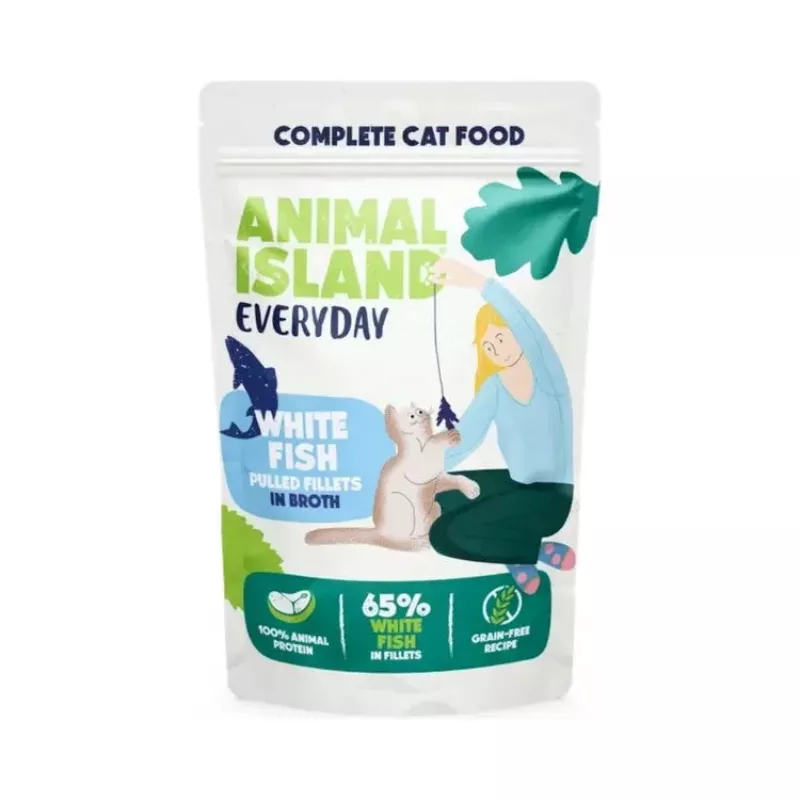 ANIMAL ISLAND Everyday baltos žuvies filė sultinyje – šlapias kačių maistas – 12 x 85 g
