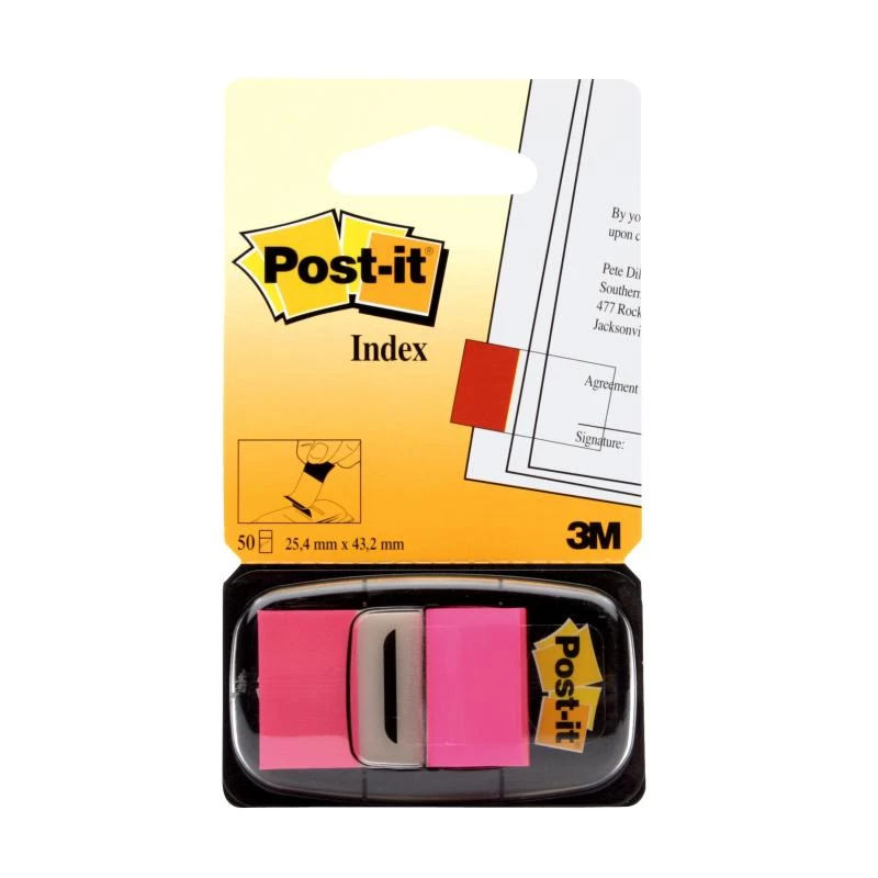 3M Post-it Index Pink, siauri, 50 lipnių juostelių Matmenys, 25,4 x 43,2 mm, vienkartiniame dozatoriuje (I680-21)