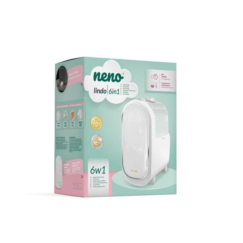 Buteliukų šildytuvas ir sterilizatorius neno Lindo (6-in-1) — LED ekranas, garų sterilizacija, 220–240 V, 1,3 kg, 263×132×219 mm