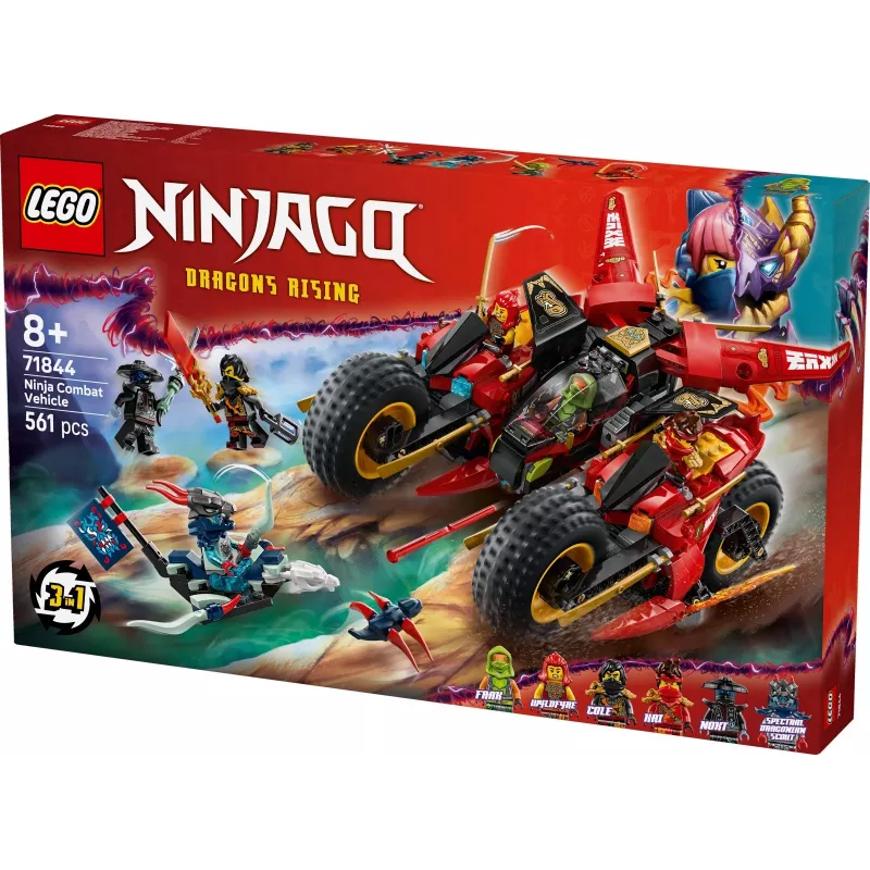 LEGO Ninja Combat Vehicle set 71844 — NINJAGO, 561 dalis, 6 minifigūrėlės, judamos dalys, 140×240×220 mm