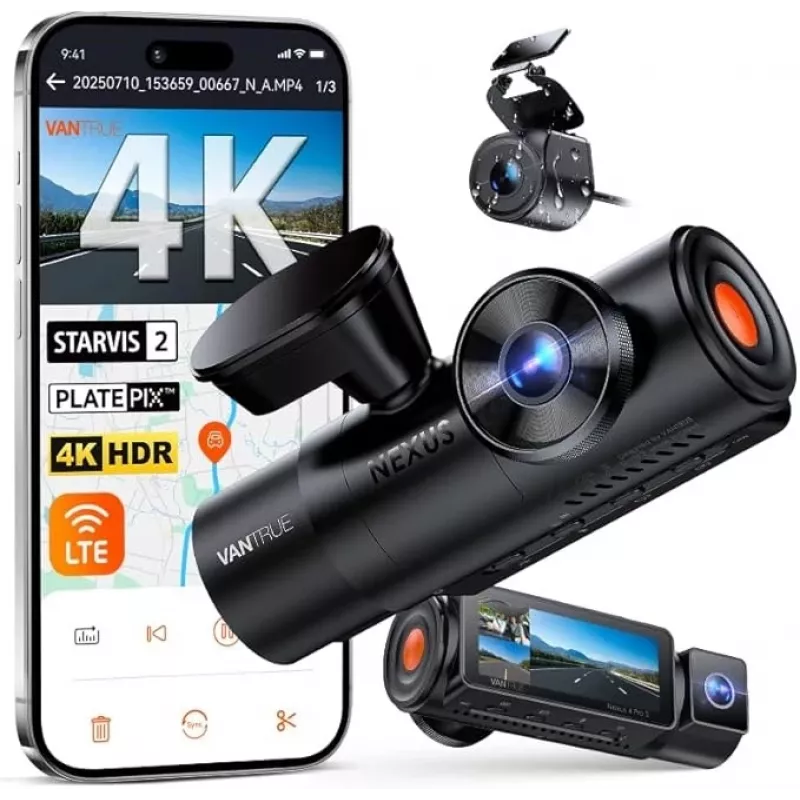 Automobilinė vaizdo registratorė VANTRUE N4 PRO S 3 kanalų (priekinė + salono + galinė), 3840x2160, F/1.8, Wi‑Fi, GPS, 3.19 colio ekranas