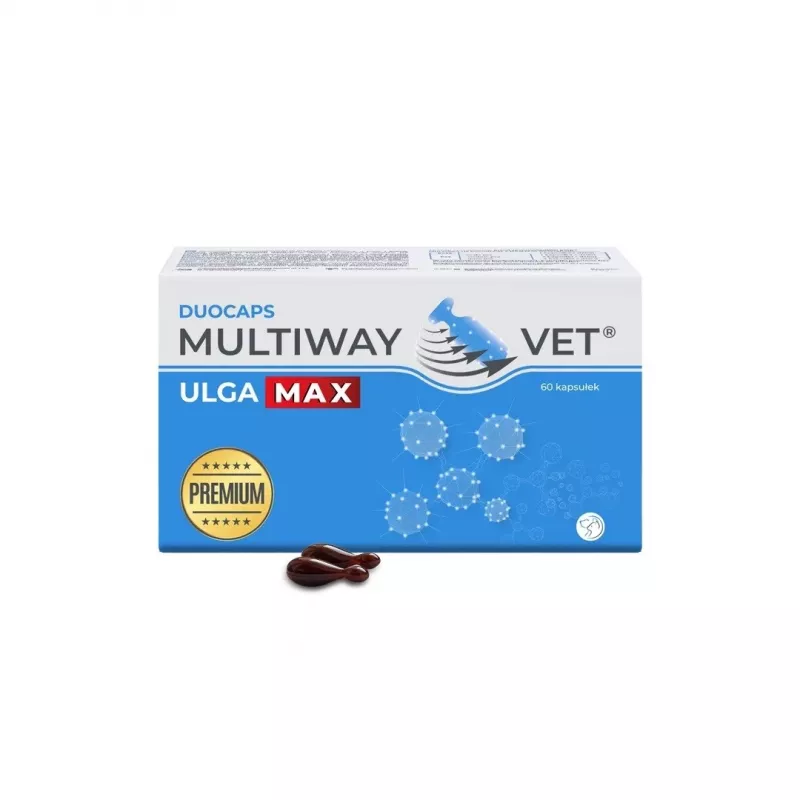 Sukamieji kapsulės JM Sante Multiway Vet Duocaps Ulga Max – 60 vnt., skirtos suaugusių šunų ir kačių stresui bei diskomfortui mažinti, 150 g