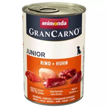 Šlapias šunų maistas animonda GranCarno Originali Junior — jautiena ir vištiena, 400 g skardinė, augimo laikotarpiui, be glitimo ir sojos