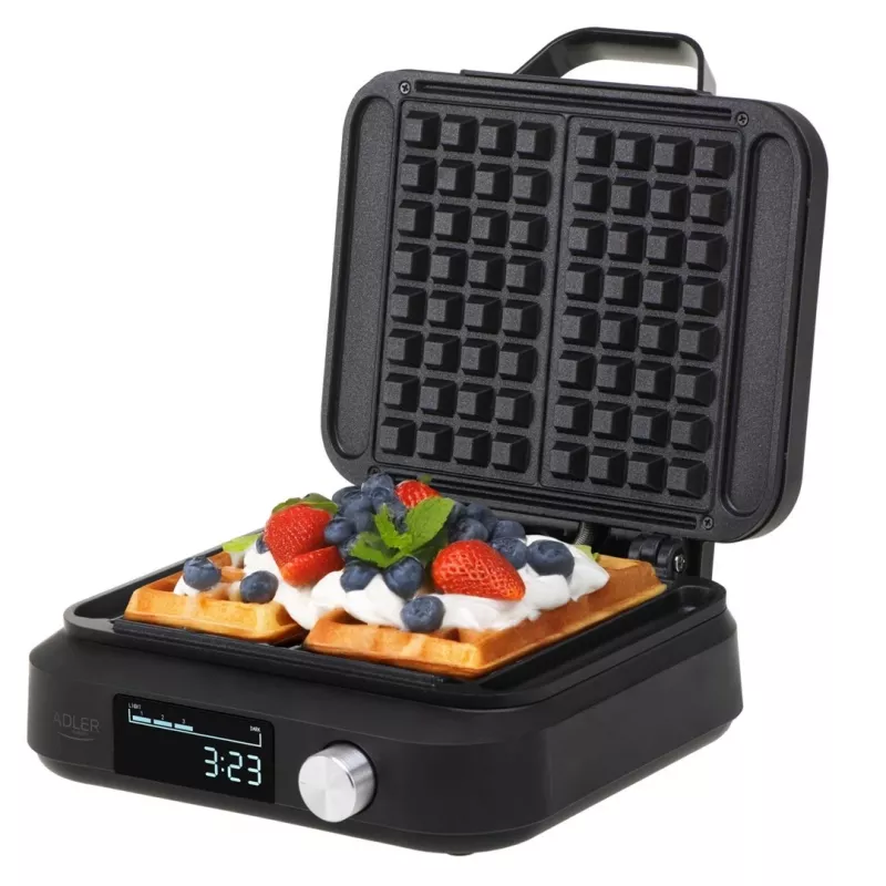 Vaflių keptuvas Adler AD 3087 — elektrinė belgiška vaflinė, 2200 W, 2 stačiakampės plokštės 9×17 cm, juoda