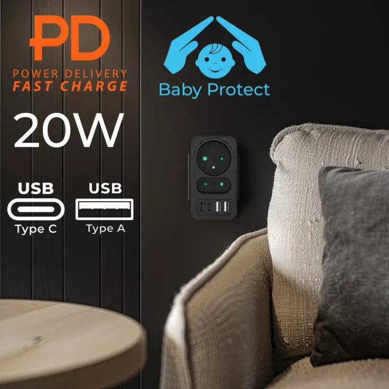 Maitinimo skirstytuvas MACLEAN MCE249 F/B — 2 kintamosios srovės lizdai (16A + 6A) su 2×USB-A ir 2×USB-C PD 20W, EU kištukas, juodas