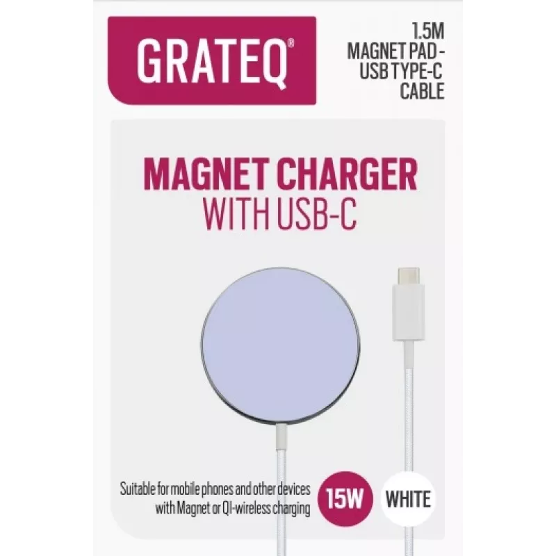 Belaidis įkroviklis GRATEQ USB-C magnetinis kilimėlis 1,5 m vidaus naudojimui balta