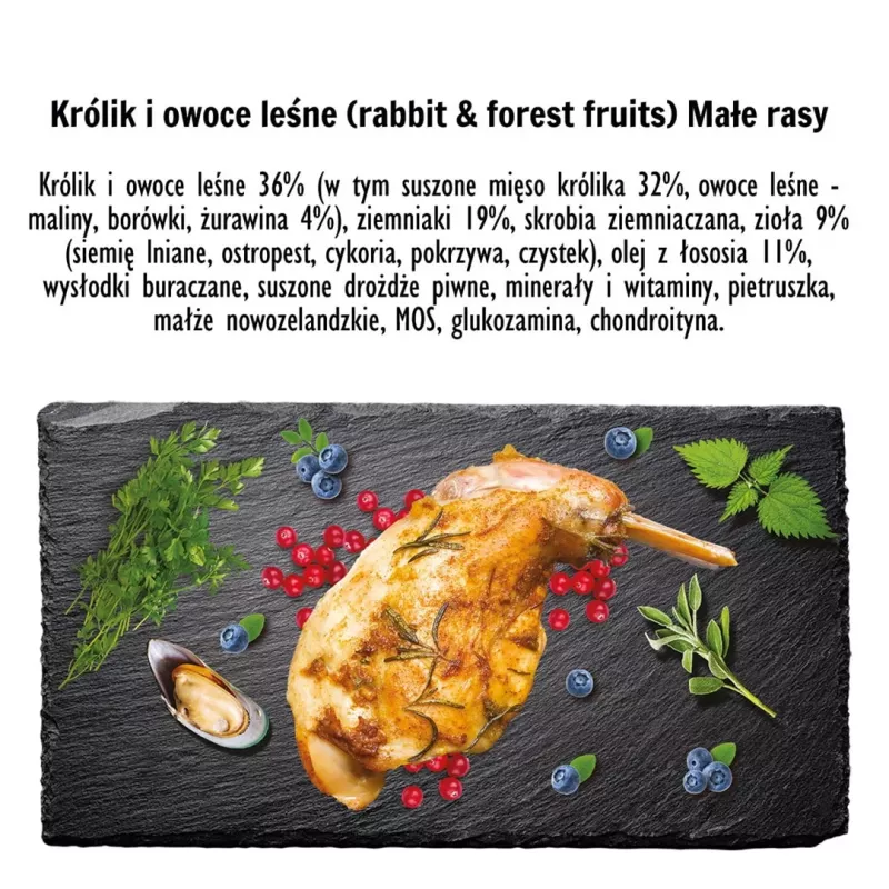 Sausas šunų ėdalas PAKA ZWIERZAKA Rabbit with Forest Fruits S 3 kg — suaugusiems mažų/vidutinių veislių šunims, 29 % baltymų, 16 % riebalų, be glitimo ir sojos