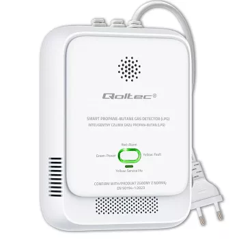 Dujų nuotėkio jutiklis QOLTEC 52652 — propano/butano (SND) detektorius, 85 dB signalizacija, LED indikatorius