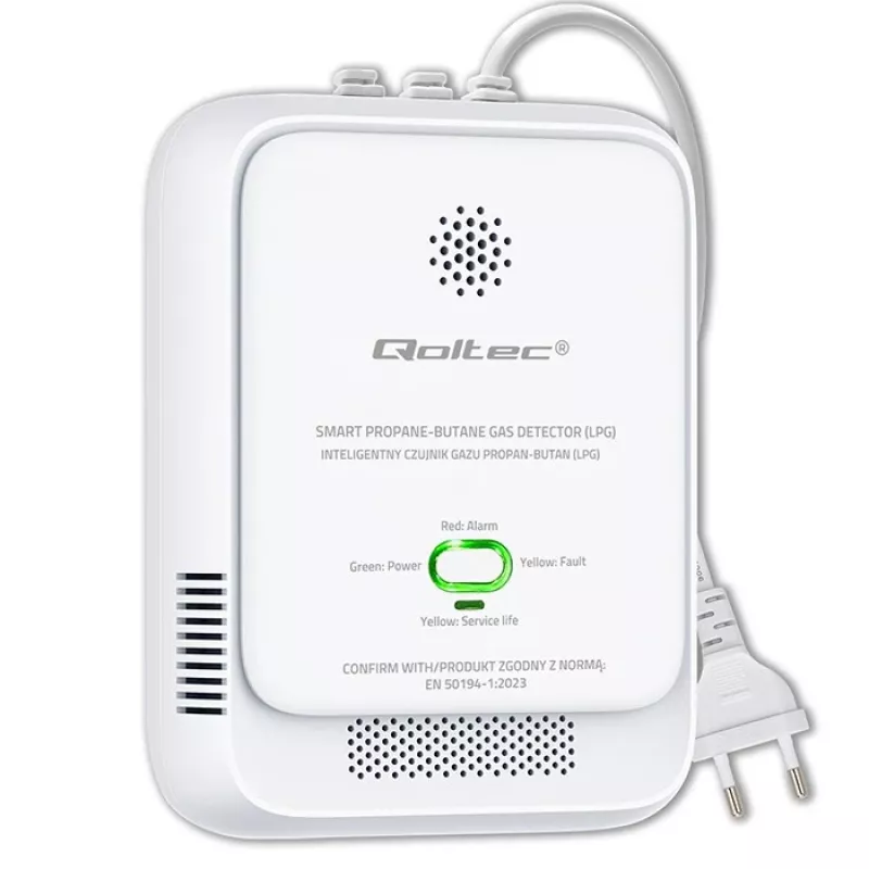 Dujų nuotėkio jutiklis QOLTEC 52652 — propano/butano (SND) detektorius, 85 dB signalizacija, LED indikatorius