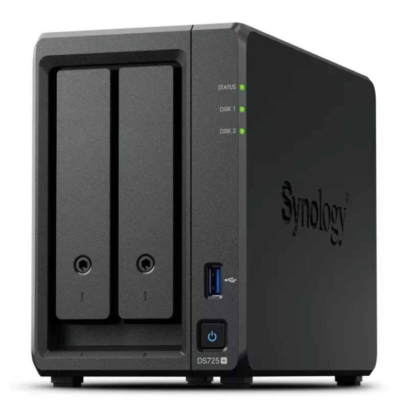 NAS Synology DiskStation DS725+ 2-jungties Ryzen R1600 4GB DDR4 ECC, 2.5GbE, 2x M.2, RAID palaikymas, 0TB, juoda