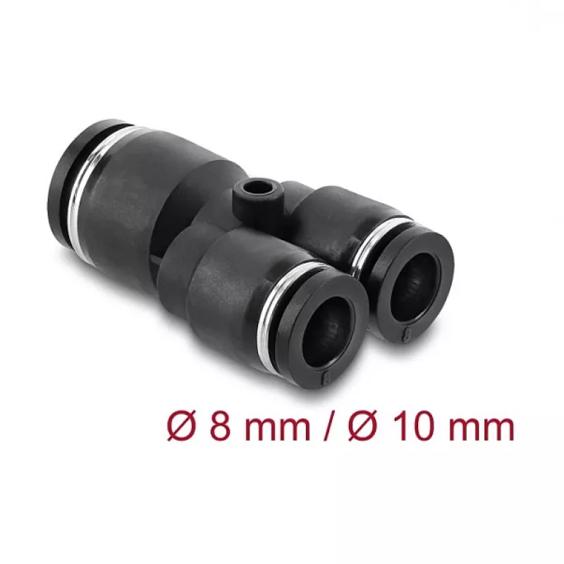 Pneumatinis Y-sujungiklis DELOCK 2×8 mm → 1×10 mm su tvirtinimo anga, metalas/plastikas, 44 mm