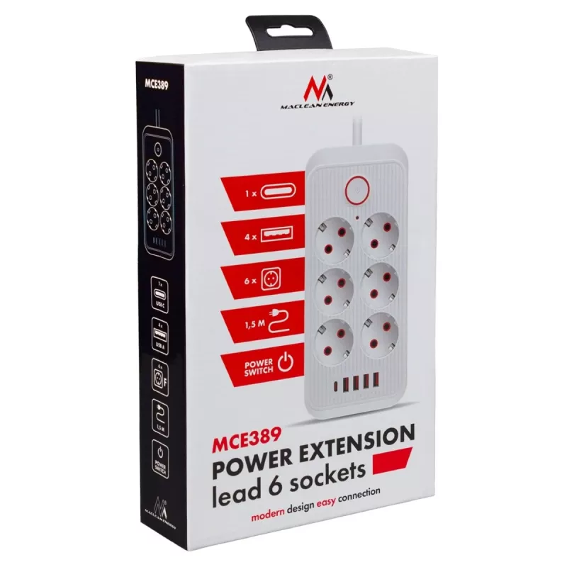 Maitinimo lizdų blokas MACLEAN MCE389 B — 6 lizdai, 4×USB-A + 1×USB-C, 110–240V, 2.1A, 2500W, 1.5 m laidas, juodas