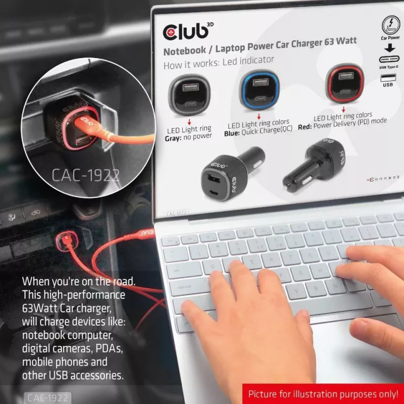 CLUB3D Nešiojamojo kompiuterio / Laptop maitinimo automobilinis įkroviklis 63 Watt, Auto, cigarečių žiebtuvėlis, 24 V, Juodas