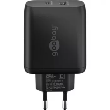 USB-C dvigubas greitasis įkroviklis, PD, GaN, 65 W (juodas, 1x USB-C, 1x USB-A, maitinimo tiekimas)