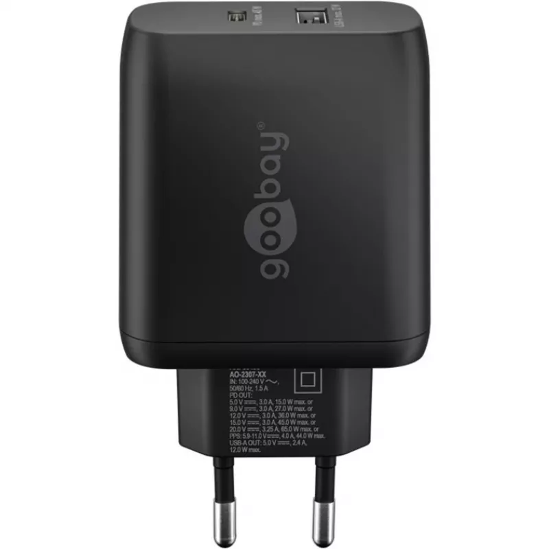 USB-C dvigubas greitasis įkroviklis, PD, GaN, 65 W (juodas, 1x USB-C, 1x USB-A, maitinimo tiekimas)