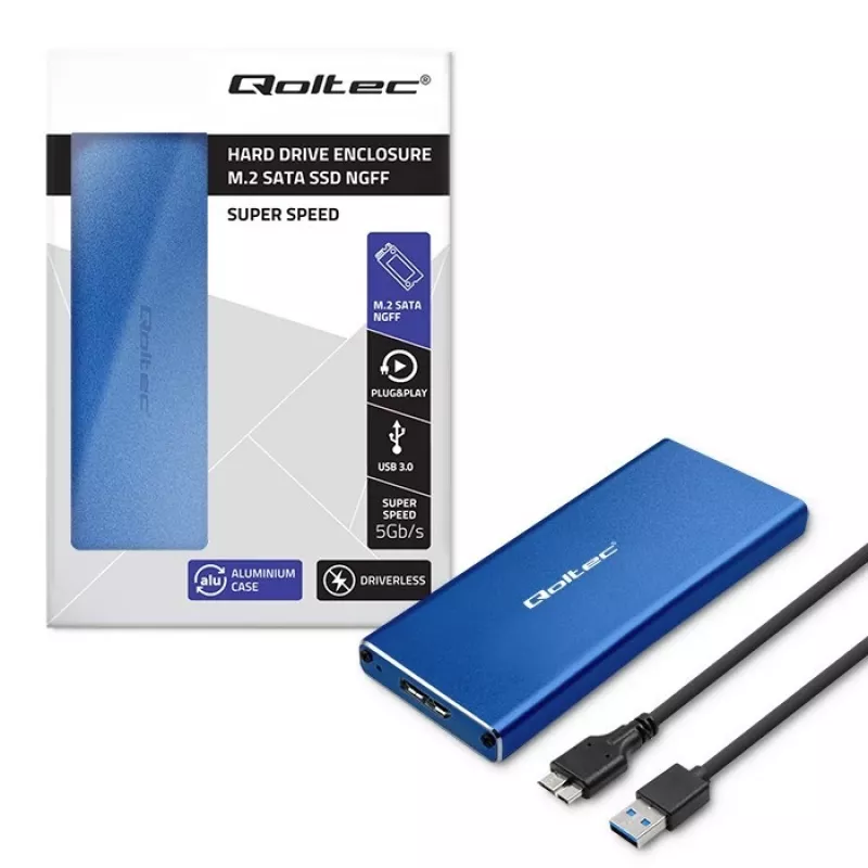 SSD dėžutė QOLTEC 51832 — išorinė M.2 SATA, USB 3.0, iki 2 TB, mėlyna, palaiko 30 mm diskus, 4 lizdai