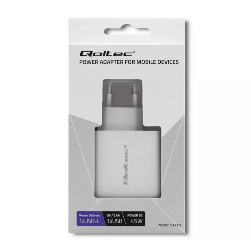 Qoltec 51718 įkroviklis | 45W | 5-20V | 2.4-3A | USB type C PD | USB | Balta
