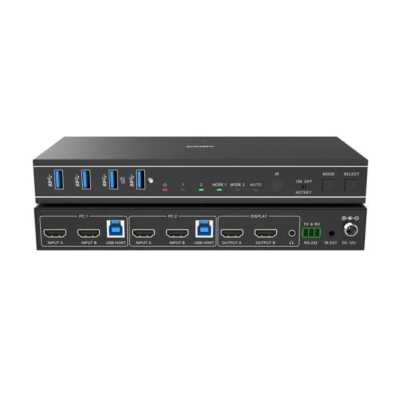 Lindy 2 prievadų dviejų ekranų HDMI 4K60, USB 3.0 KVM jungiklis, 4096 x 2160 pikselių, 4K Ultra HD, juodas