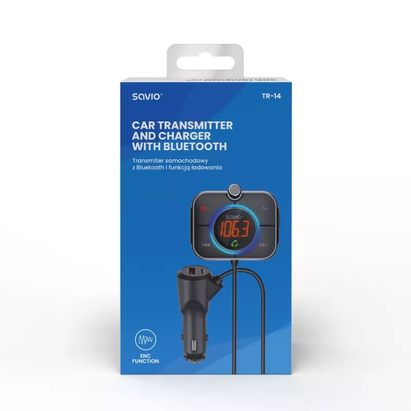 FM siųstuvas SAVIO TR-14 Bluetooth USB, FM 87,6–107,9 MHz, MicroSD, USB-C, 12 V automobilio maitinimas