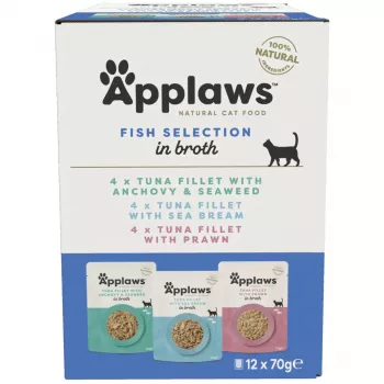 Drėgnas kačių maistas Applaws Žuvies rinkinys multipack sultinyje 12 x 70 g, suaugusioms katėms, 83 % drėgmės, pakeliai